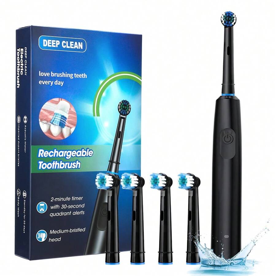 Smart Electric Toothbrush, Rotating Automatic Tooth Cleaner, 5 Modes, With 4 Replacement Soft Bristle Brush Heads, Rechargeable Toothbrush, 30s Smart Timer, For Deep Teeth Cleaning, Suitable For Home, Travel Use, Ideal Choice For Daily Teeth Cleaning, Perfect Holiday Gift