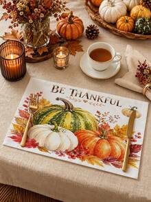 Thanksgiving Autumn Kitchen Decor Table Runner BE THANKFUL Watercolor Pumpkin Pattern Rustic Country Style Autumn Holiday Dining Table Decoration Maple Leaf Berry Pinecone Candle Print Tablecloth Restaurant Kitchen Home Decor - Multicolor - View 4