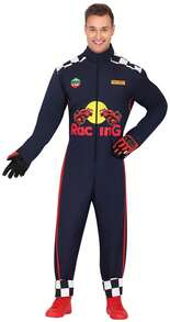 KIWI Race Car Driver Costume For Adult, Complete Sports Outfit With Navy Blue Jumpsuit With Zipper And Checkered Details, Ideal For Carnival - Multicolor - View 1