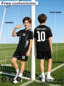 [Customized]Boys & Girls Personalized Name & Number Custom Jersey Set, Children's Sports Burn-Out Print Short Sleeve Jersey & Shorts 2 Pieces Outfit For Soccer, Sports, Cycling - Black - View 4
