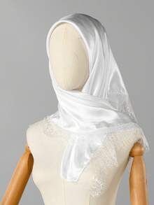 1pc Elegant White Satin Floral Lace Trim Hijab Headscarf, Back Knot Bow Design, Smooth Silky Headwrap, Suitable For Daily Wear And Party - White - View 6