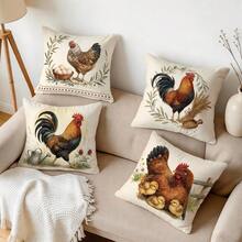 4pcs/1pc Vintage Rooster & Hen Pattern Pillow Covers, Single-Sided Printed Pillow Covers, Suitable For Living Room, Bedroom, Home Decor, All-Season Pillow Covers - Multicolor - View 9