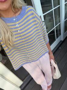 Plus Size Women's Basic Blue & Yellow Striped Button-Up Cardigan, Preppy Short Knit Top With 5-Inch Sleeves, Back To School Autumn Inspired - Baby Blue - View 3