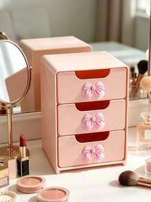 Pink Bow Decor Mini Desktop Drawer Storage Box, Multi-Layer Plastic Jewelry And Cosmetic Organizer, No Power Required Desktop Organizer; Suitable For Vanity, Bedroom And Office, Can Store Various Daily Items; Compatible With Home, Makeup Table And Living Room And Other Multiple Scenes - Multicolor - View 3