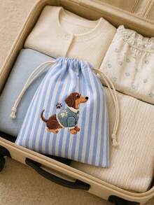 Cute Dachshund Printed Multi-Color Vertical Stripe Drawstring Coin Purse, Mini Travel Makeup Storage Bag, Jewelry Storage Bag, Coin Purse, Lightweight And Portable Drawstring Small Bag, Suitable For Daily Use, Vacation Travel, Gift Bags - Multicolor - View 1