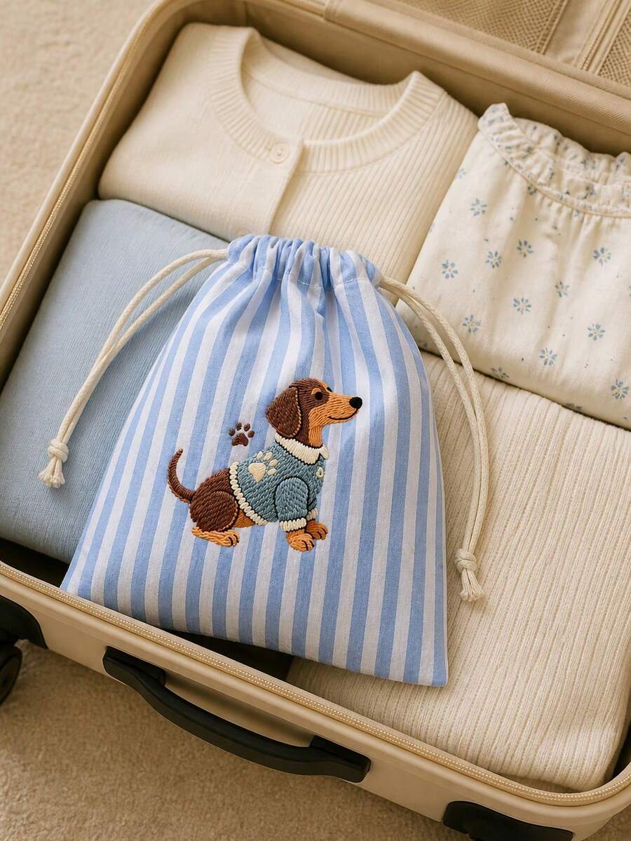 Cute Dachshund Printed Multi-Color Vertical Stripe Drawstring Coin Purse, Mini Travel Makeup Storage Bag, Jewelry Storage Bag, Coin Purse, Lightweight And Portable Drawstring Small Bag, Suitable For Daily Use, Vacation Travel, Gift Bags - Multicolor - View 1