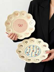 1/2pcs Cute Cartoon Ruffled Ceramic Plates, Pig Bow Penguin Coconut Tree Print Dinner Plates, INS Style Home Dessert Plates, 2 Styles Available, Breakfast Snack Plates, Pasta Plates, Dinner Plates, Fruit Plates, Tableware - Multicolor - View 2