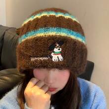 3pcs Vintage Colorblock Striped Plush Knit Beanie, Cartoon Puppy Embroidered Letter Cold Weather Hat, Autumn/Winter Outdoor Warm Versatile Ear-Flap Woolen Cap - Multicolor - View 5