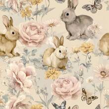 1 Roll Of Cute Animal Rabbit Plant Self-Adhesive Wallpaper, Sweet Little Rabbit Flower Printed Wallpaper, Suitable For Various Room Wall Furniture Background Wall Decoration, Tenant Furniture Wall Renovation, Easy To Stick And Remove - Plants and Animals - View 1