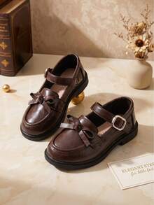 1 Pair Kids Brown Loafers & Oxford Shoes, Girls School Style Mary Jane Flats, Bow & Metal Buckle Decor Hook & Loop Design, Kids Student Shoes, Suitable For Spring & Autumn Daily Wear - Brown - View 3