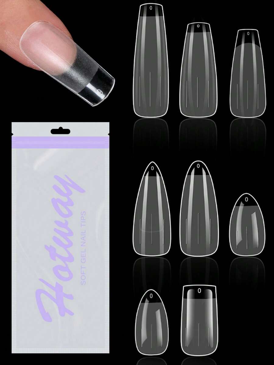 HOTWAY 180 Almond Square Trapezoidal Fake Nails, Hailey Nails,Stiletto Heels,Auxiliary Line 15 Transparent Semi Matte Acrylic Nail Tips, Wearable Nail Art Artificial Nails - Transparent Matte - View 1