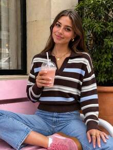 NOVELLE Women's Elegant Casual Striped Polo Collar Long Sleeve Knitted Sweater, Suitable For Dating, Party, Daily Commute, Casual Street Outings - Multicolor - View 1