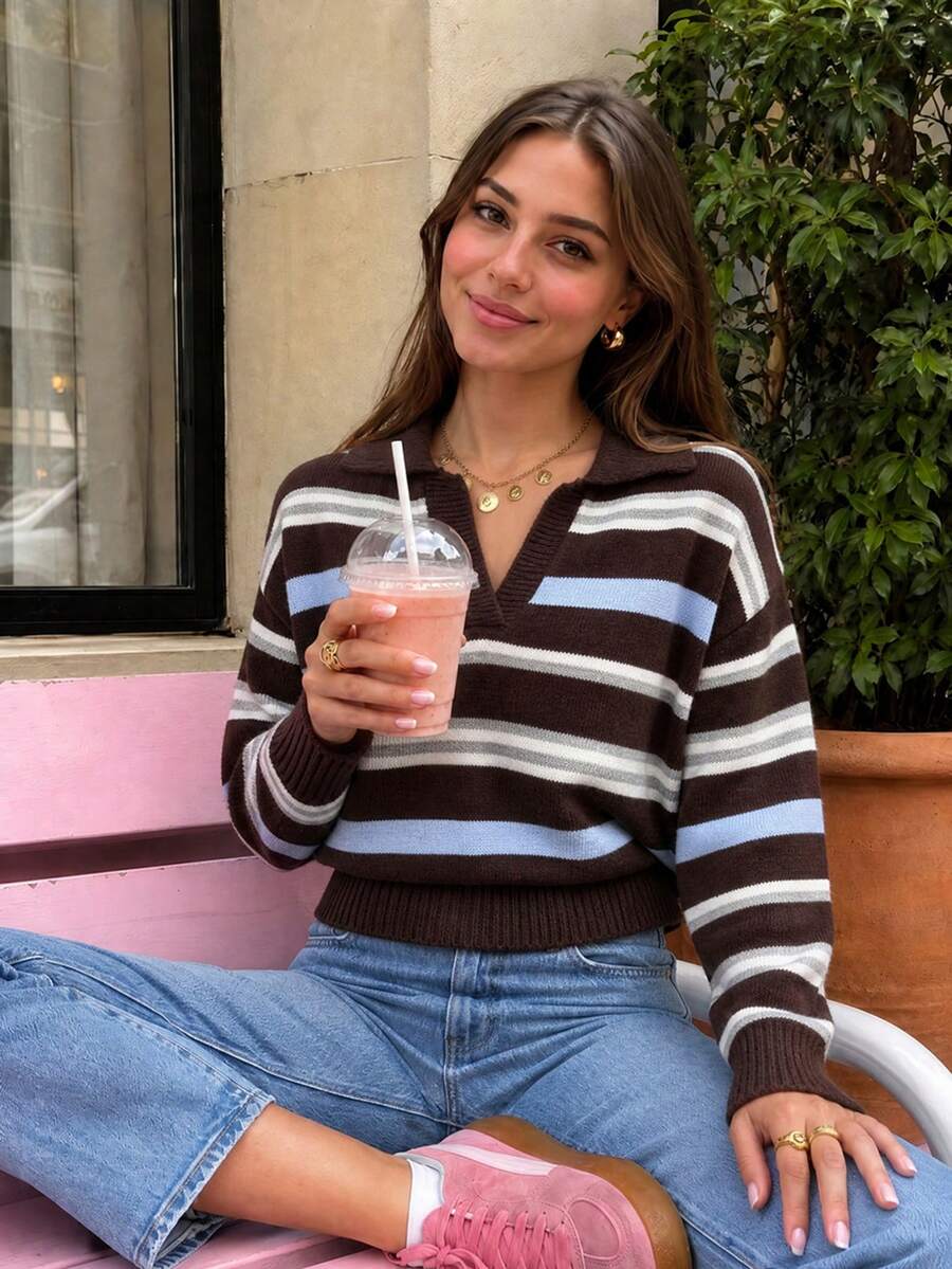 NOVELLE Women's Elegant Casual Striped Polo Collar Long Sleeve Knitted Sweater, Suitable For Dating, Party, Daily Commute, Casual Street Outings - Multicolor - View 1