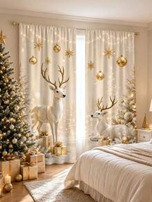 2Pcs Christmas Holiday Curtains, Champagne Gold Deer & Snow Landscape Print Pattern Curtains, Warm Atmosphere Semi-Sheer Rod Pocket Window Decor, Suitable For Living Room And Bedroom, Rod Not Included, Machine Washable - Multicolor - View 2