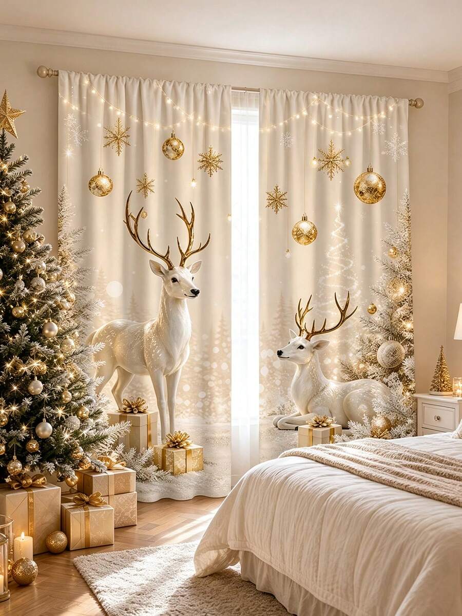 2Pcs Christmas Holiday Curtains, Champagne Gold Deer & Snow Landscape Print Pattern Curtains, Warm Atmosphere Semi-Sheer Rod Pocket Window Decor, Suitable For Living Room And Bedroom, Rod Not Included, Machine Washable