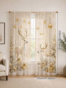 2Pcs Christmas Holiday Curtains, Champagne Gold Deer & Snow Landscape Print Pattern Curtains, Warm Atmosphere Semi-Sheer Rod Pocket Window Decor, Suitable For Living Room And Bedroom, Rod Not Included, Machine Washable - Multicolor - View 17