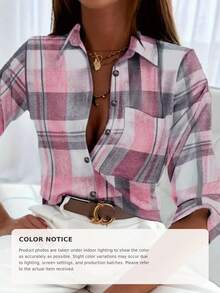 Women's Plaid Fitted Shirt Blouse, Collared Button-Front Long Sleeve With Pockets, Casual Style For Spring, Autumn, Winter - Multicolor - View 4