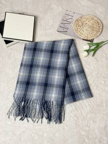 1pc Women's Autumn/Winter Shawl Scarf With Colorblock Plaid And Tassel - Blue Plaid - View 3