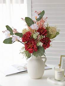 1 Bunch 43cm Artificial Flowers, Including Artificial Peony Ball Chrysanthemum And Eucalyptus Leaves, Realistic Touch, Suitable For Vase, Home, Hotel Room, Wedding Decoration And Table Centerpiece - Red - View 7