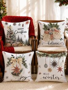Christmas Tree Holly Ball Illustration Pattern Cushion Cover 4pcs Set, Single-Sided Printed Peach Skin Velvet Polyester Material, 45*45CM Pillowcase For Modern Fabric Sofa Indoor Decoration, Party Decor, Gift Giving - Multicolor - View 4