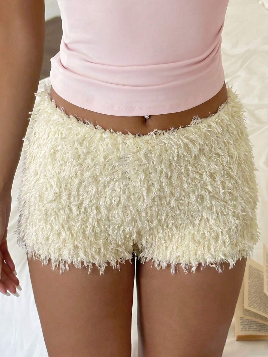 SCARLUX Women Y2K Fluffy Shaggy Furry Shorts, For Party Night Out Fall Street Style - Beige - View 1