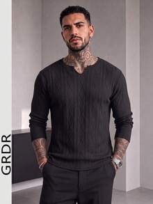 GRDR 男士 V 領百搭舒適極簡長袖休閒上衣 - 黑色 - 查看 1
