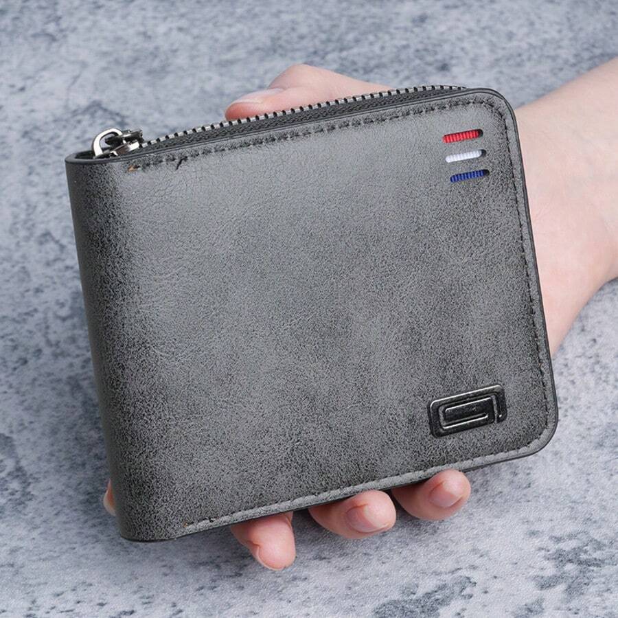 Men's Short Solid Color Youth Minimalist Trifold Wallet, Multi-Function Student Zipper Coin Purse, Large Stock Available - Multicolor - View 1
