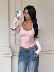 Women's Solid Color Long Sleeve Fitted 2 In 1 Halter Neck T-Shirt - Pink - View 2