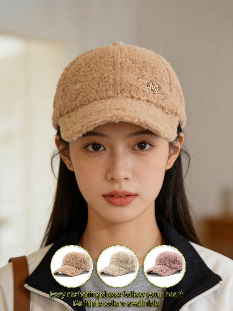 1pc Women's Faux Wool Curved Brim Baseball Cap, Solid Color, Casual, Metal Decor, Adjustable, Versatile For Daily Wear And Outdoor Outings - A - View 1