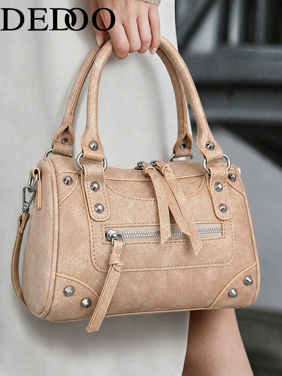 Dedoo Women Boston Handbag,Vintage Texture,PU Leather,Rivet Zipper Tassel Detail,Crossbody,Retro Punk Style,For Ladies Autumn Winter Daily Wear