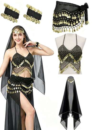 Accessoires de carnaval avec breloques de pièces exotiques, voile de tête, décoration de poitrine, bracelet, ceinture de hanche pour événement thématique de boîte de nuit, accessoires de décoration pour robe de danse et déguisement, plusieurs couleurs disponibles