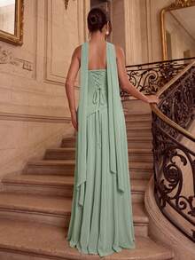 ADYCE Vestido de fiesta elegante con cuello halter, escote corazón, cintura alta, plisado, abertura alta, espalda descubierta y largo hasta el suelo, adecuado para baile de graduación, cumpleaños, Navidad, boda - verde menta - Ver 2