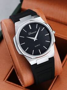 1 DENVOSI Men's Silicone Strap With Luminous Stripe, Nail Scale, Fashion, Business, Waterproof, Date Display, Quartz Watch, Daily Decoration - Silver - View 1
