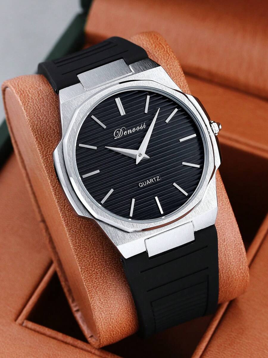 1 DENVOSI Men's Silicone Strap With Luminous Stripe, Nail Scale, Fashion, Business, Waterproof, Date Display, Quartz Watch, Daily Decoration - Silver - View 1