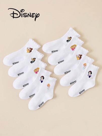 Disney Princess Socks For Kids/Girls 1/5/10 Pairs Spring/Summer White Lace Socks Sweet Cartoon Princess Pattern Decoration Cute Versatile Breathable Comfortable Preppy Style Pink Cloud Ruffle Edge Socks Casual Fashion Moisture-Wicking Soft Skin-Friendly Sports Socks Suitable For Holiday Gifts/Outings/School Activities/Back To School Outfits Multiple Combinations Available