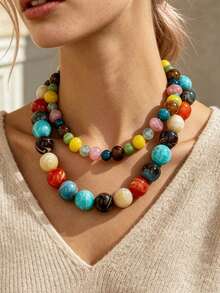 OABE Set Pakaian Musim Gugur 2pcs/Set Gaya Bohemian Kalung Berlapis Manik-Manik Warna-warni Termasuk Manik-Manik Bulat dan Manik-Manik Asimetris, Buatan Tangan, Cocok untuk Pemakaian Sehari-hari Wanita, Bentuk dan Warna Manik-Manik Acak - Cantik Sekali - View 8