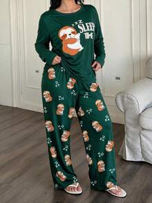 Women's Cute Koala Print Pajama Set, Plus Size Long Sleeve Top And Pants 2-Piece Loungewear For Autumn/Winter - Green - View 5