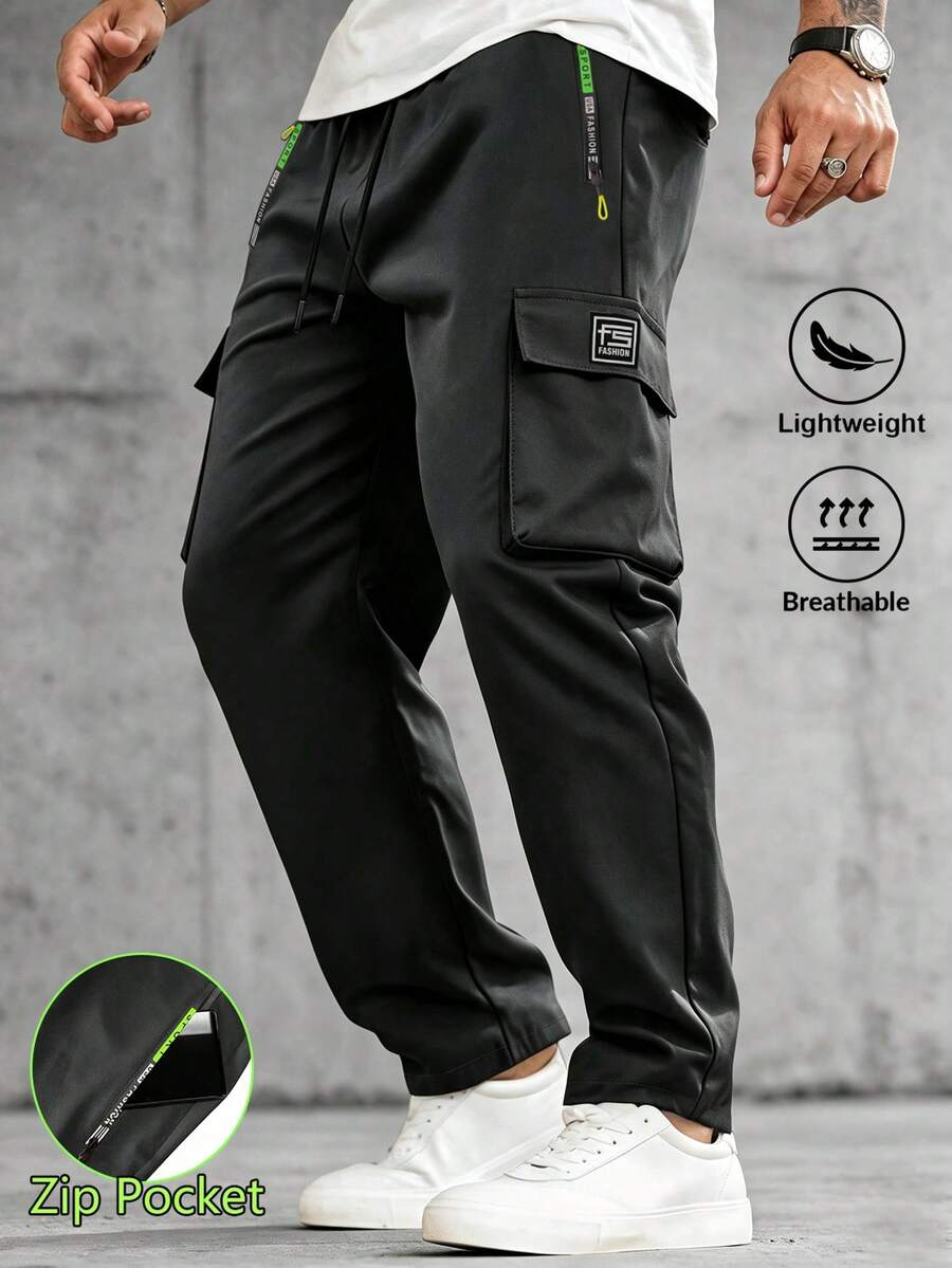 Men's Casual Sports Straight Leg Long Pants, Autumn Multi-Pocket Cargo Pants - Black - View 1