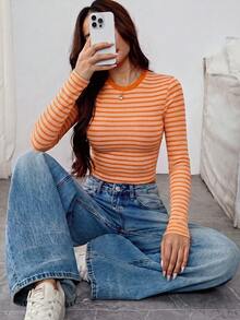 New Women's Contrast Color Striped Round Neck Long Sleeve Top, Autumn Fashion High Elasticity T-Shirt - Orange - View 3