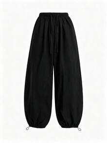 Women's Summer New Cuffed Pants With Elastic Waist And Drawstring, Loose Drape Casual Trousers, Lightweight Breathable Slouchy Long Pants - Black - View 3
