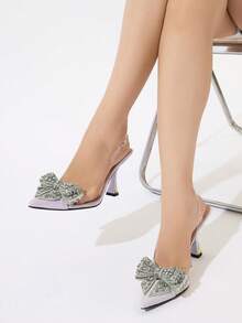 Women's Rhinestone Bow Decor Pointed Toe Slingback High Heels, Elegant Evening Party Wedding Shoes, Spring/Summer Light Purple PVC Transparent Bridal Shoes - Mauve Purple - View 3