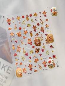 1 Sheet Of 5D Embossed Autumn Maple Leaf Nail Sticker, Cute Squirrel, Autumn Leaves, Cursive‑Script English, Autumn Bare‑Nail Decorative Nail Accessory - Multicolor - View 4