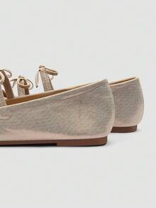 ADAMUMU Shiny Fabric Double Bow Ruched Square Toe Flat Shoes, Gathered Ballet Soft Sole, Sweet & Cool Versatile Comfortable - Gold - View 8
