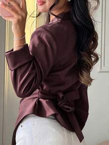 Black Stand Collar Ruffle Trim Blazer, Slim Fit Waist, French Elegant Commuter Style - Coffee Brown - View 6