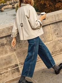 Short Lapel Utility Trench Coat, Back Button Detail, Autumn/Winter, Loose Fit, Suitable For Casual Outdoor Wear - Apricot - View 5