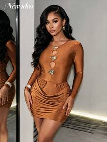 NEW IDEA Women Sexy Elegant Brown Fall Winter Long Sleeve Short Dress, Ruched Bodycon Dress For Night Out, Party, Going Out, Low‑Key Luxe Gathering - Brown - View 5