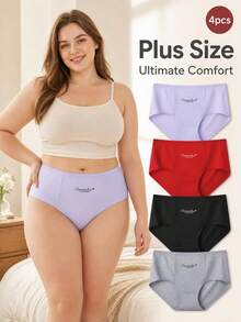 4pcs Plus Size Women's High Waist Panties, Cotton Butt-Lifting Triangle Briefs, Comfortable And Soft - Multicolor - View 1