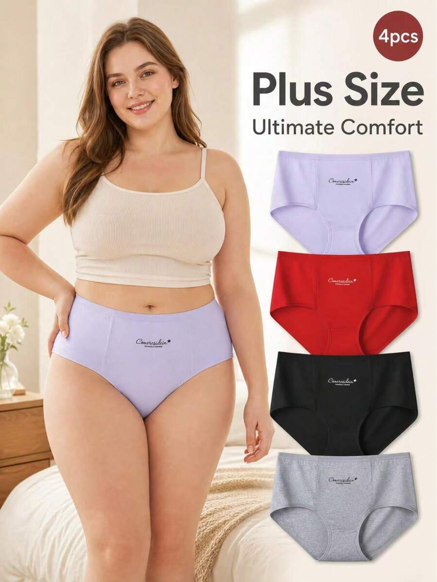 4pcs Plus Size Women's High Waist Panties, Cotton Butt-Lifting Triangle Briefs, Comfortable And Soft - Multicolor - View 1