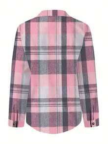 Women's Plaid Fitted Shirt Blouse, Collared Button-Front Long Sleeve With Pockets, Casual Style For Spring, Autumn, Winter - Multicolor - View 2
