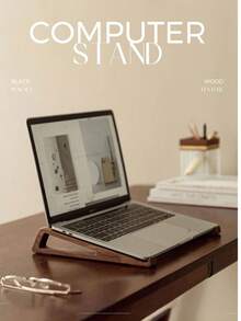 1pc Solid Wood Laptop Stand, Ergonomic Tilted Wooden Laptop Riser, Heat Dissipation Desktop Stand, Suitable For Home Office Workspace, Compatible With Multiple Laptop Models, Adjustable Height Desktop Accessory - Khaki - View 7